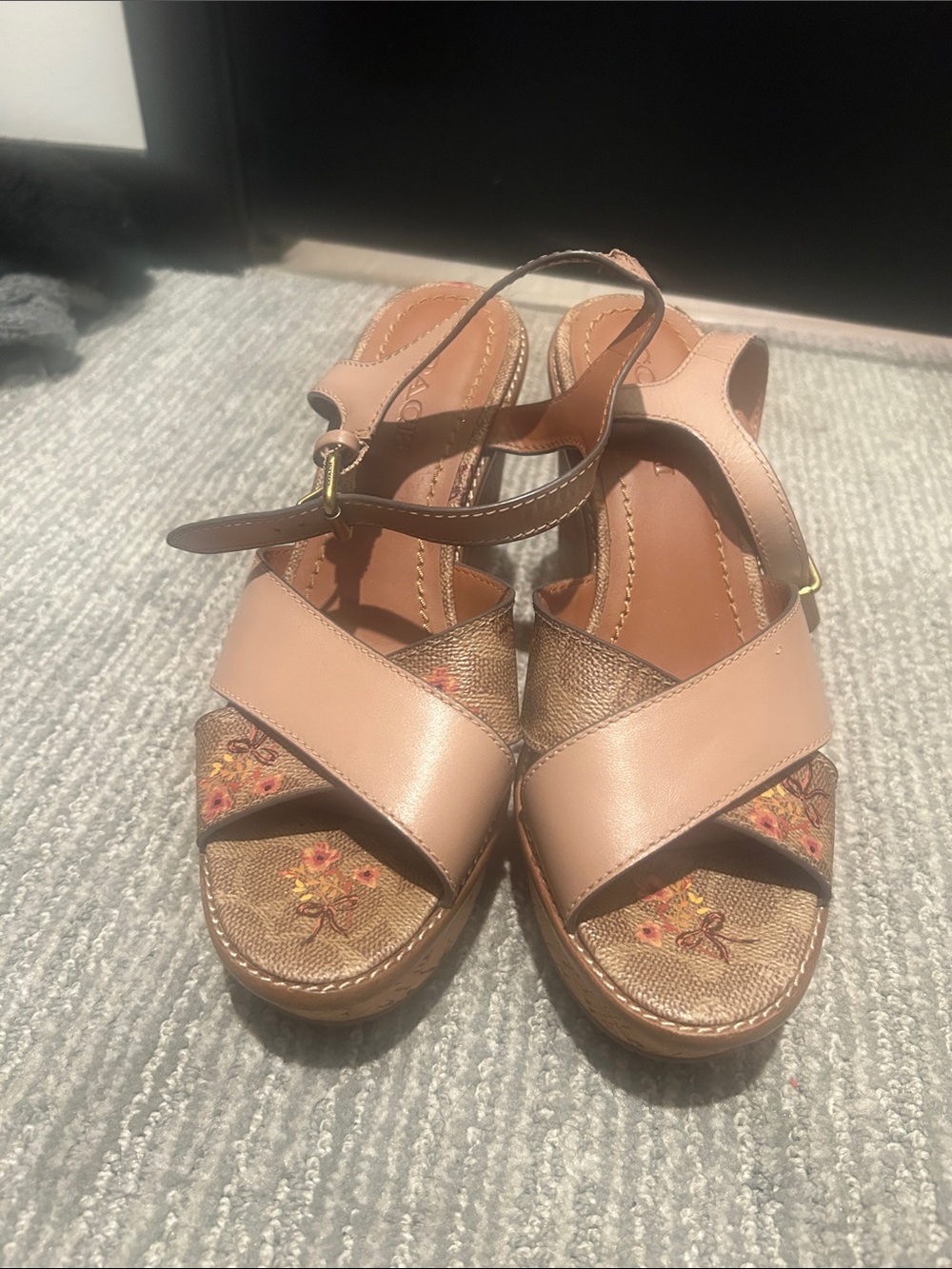 Coach Pink Leather Wedge Sandals with Embroidered Canvas